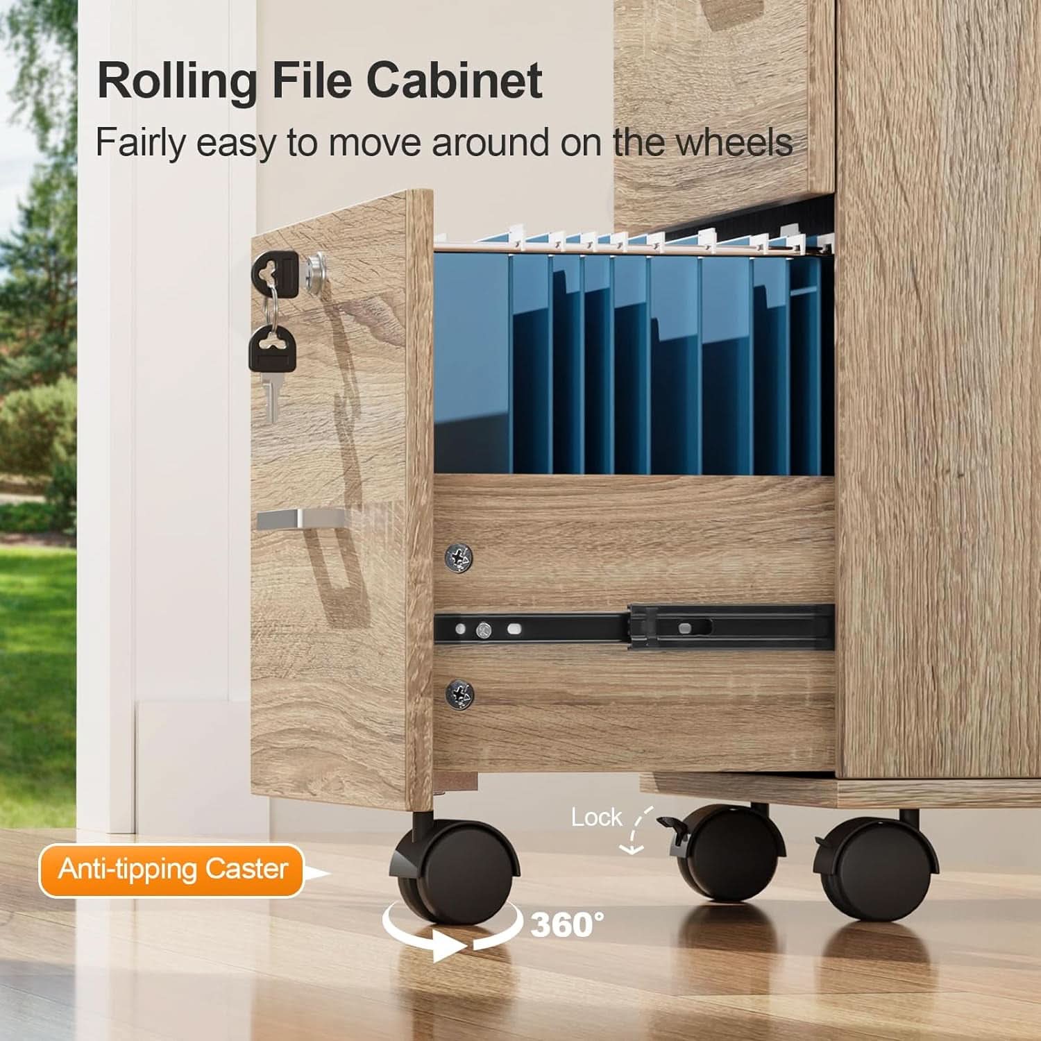 Oak 3 Drawer File Cabinet With Lock Rolling Printer Stand