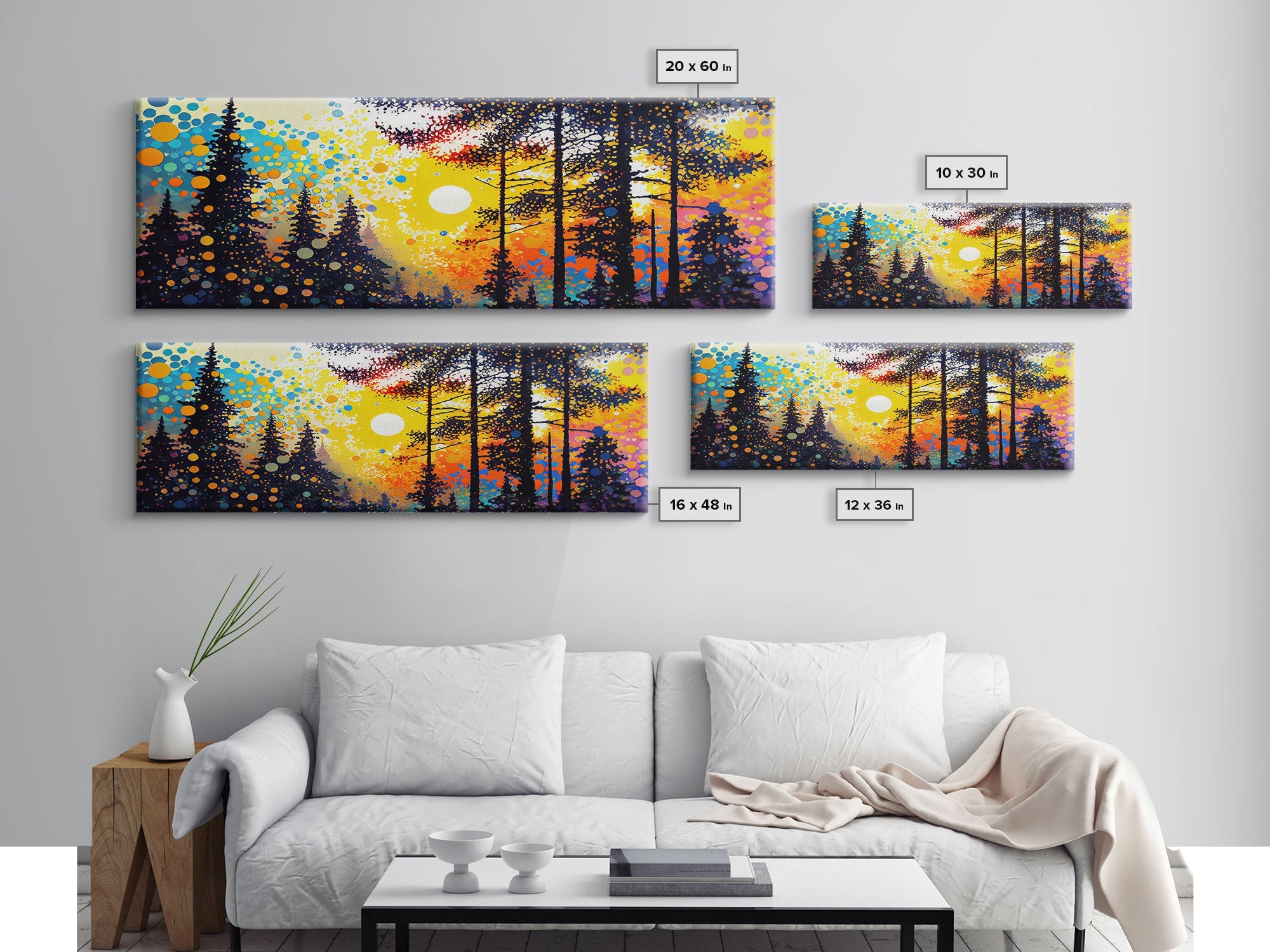 Vibrant Watercolor Of A Pine Tree Forest, Framed Canvas Print, Colorful Wall Art, Original Painting, Landscape Painting, Above Sofa Decor