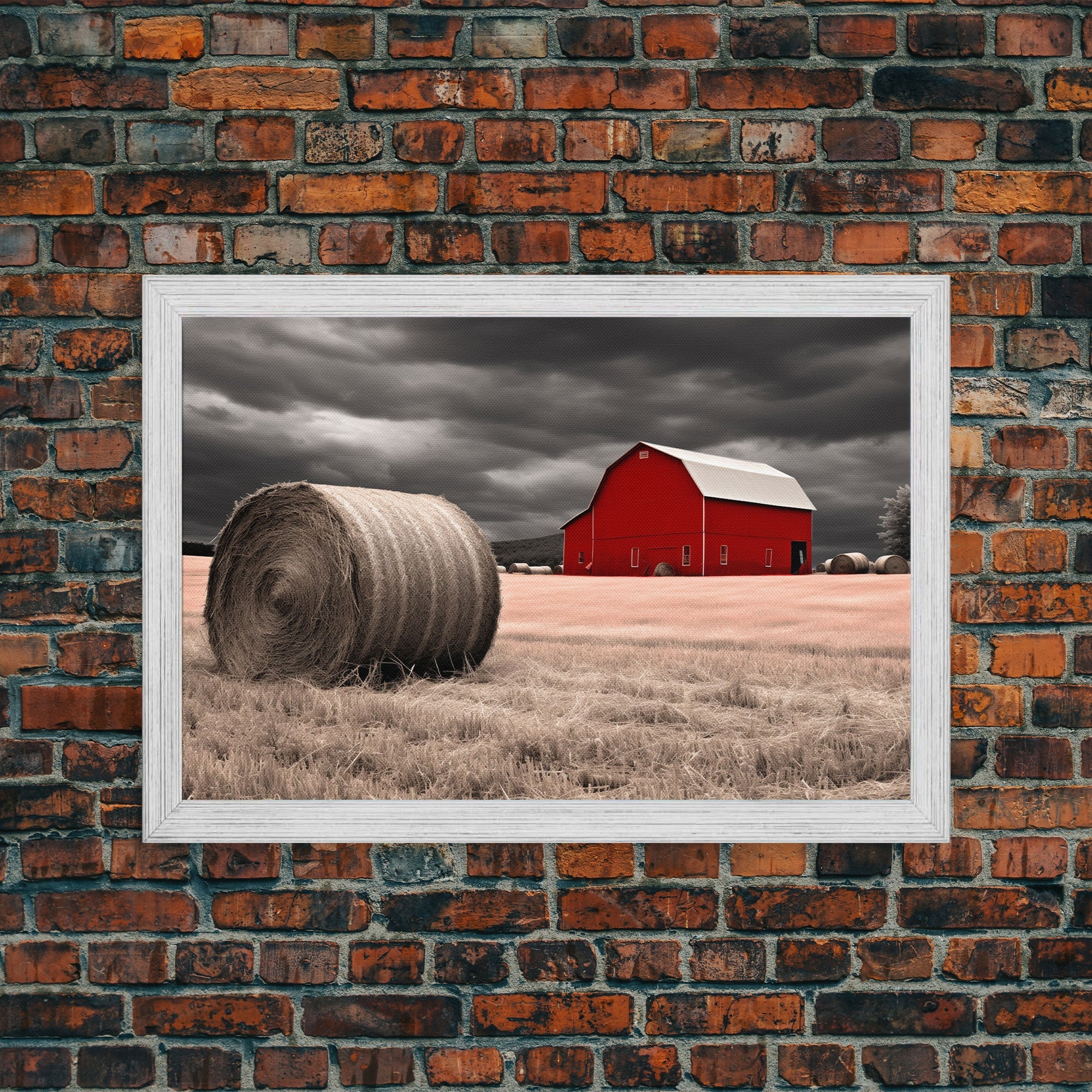 Liminal Spaces, Red Barn Under A Storm Canvas Print, Rustic / Minimalist Cottagecore Wall Art, Framed Canvas Print, Hay Bale Art