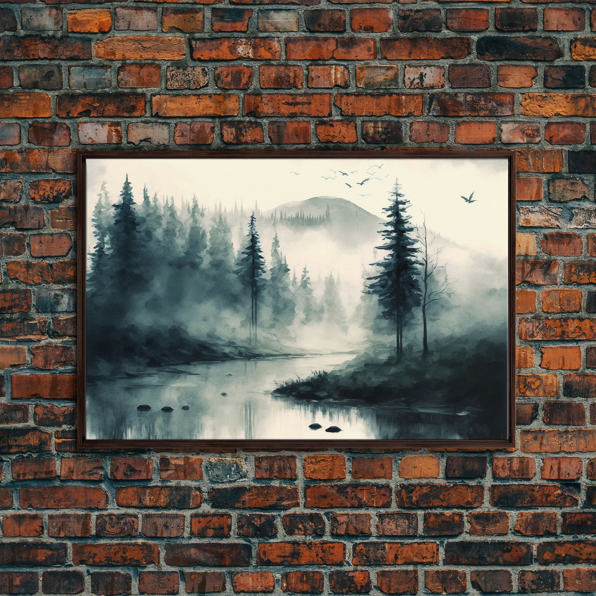 Watercolor of a foggy pine tree forest, framed canvas print, unique wall art, contemporary art, modern art