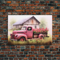 Old Pink Truck Used As a Flower Bed, Framed Canvas Print Or Poster, Rustic Farmhouse Decor, Primitive Art, Country Home Art