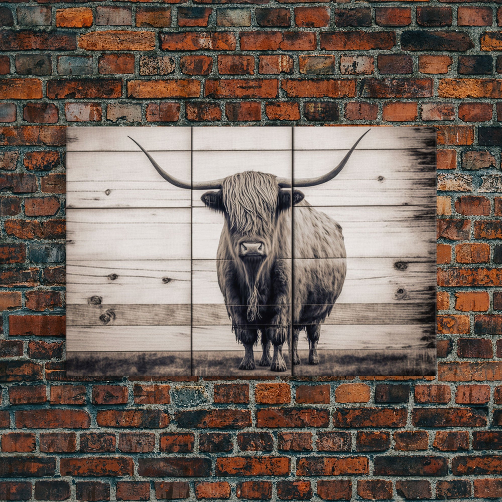 Rustic Cattle Art, Framed Canvas Print, Framed Wall Art, Primitive Rustic Minimalist Farmhouse Decor, Highland Cattle Distressed Art