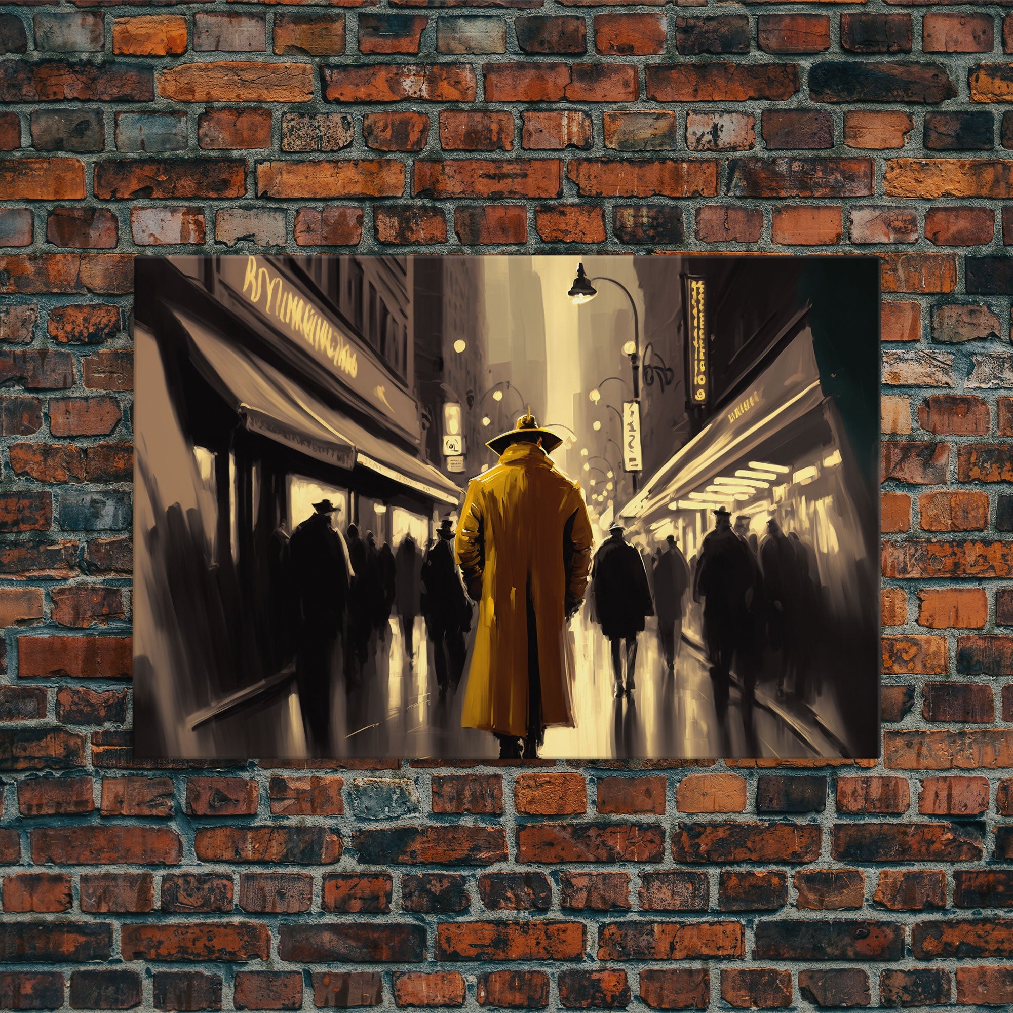 The Man in The Trench Coat, Framed Canvas Print, Time Lapse Watercolor Painting, Subdued Office Wall Art, Noir Art