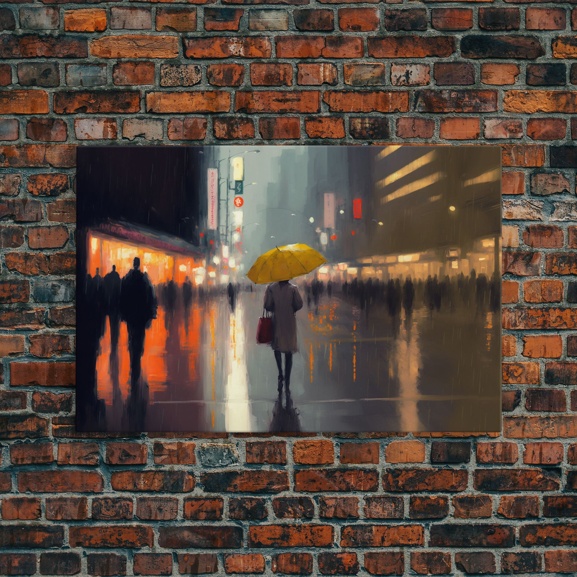 Rainy City At Night, Framed Canvas Print, Dystopian Rain Art, Huge Wall Art, Large Oversized Wall Decor