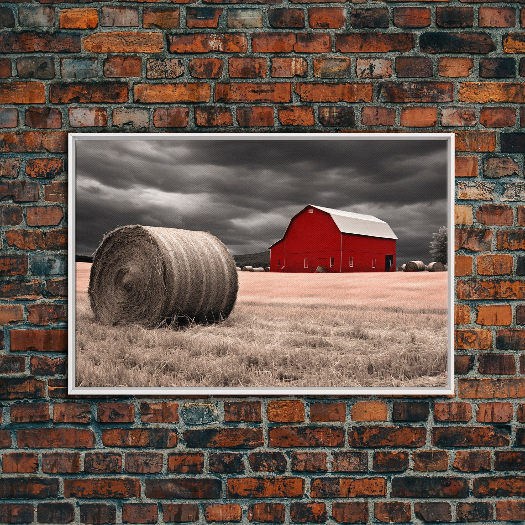 Liminal Spaces, Red Barn Under A Storm Canvas Print, Rustic / Minimalist Cottagecore Wall Art, Framed Canvas Print, Hay Bale Art
