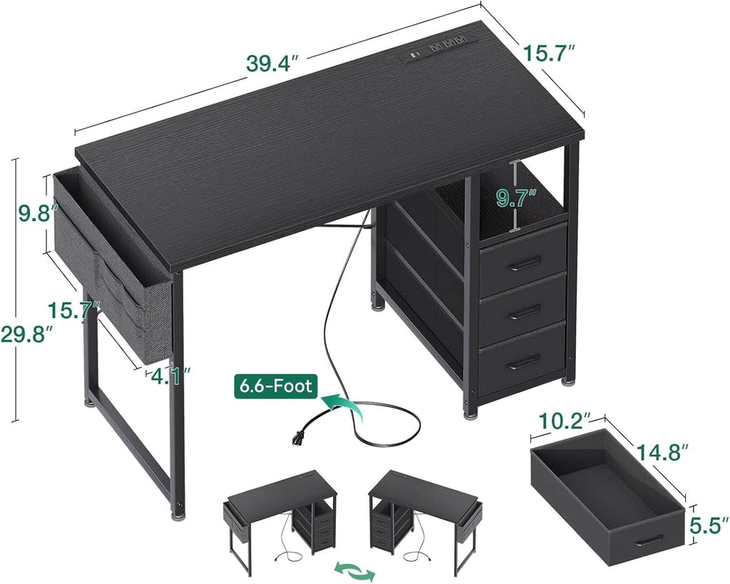 40 Inch Computer Desk With Fabric Drawers Charging Station