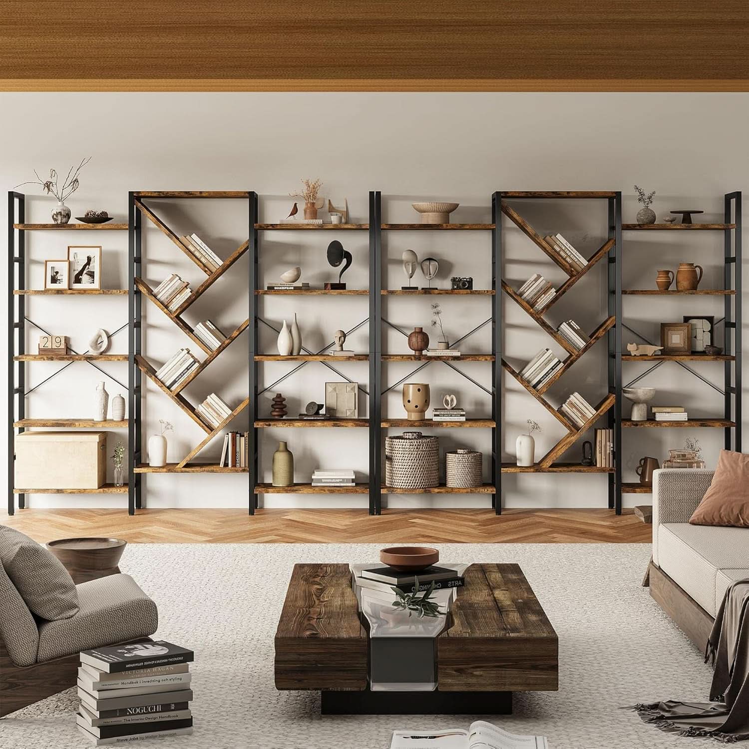 Rustic Brown 5 Tier Wooden Bookcase With Metal Frame