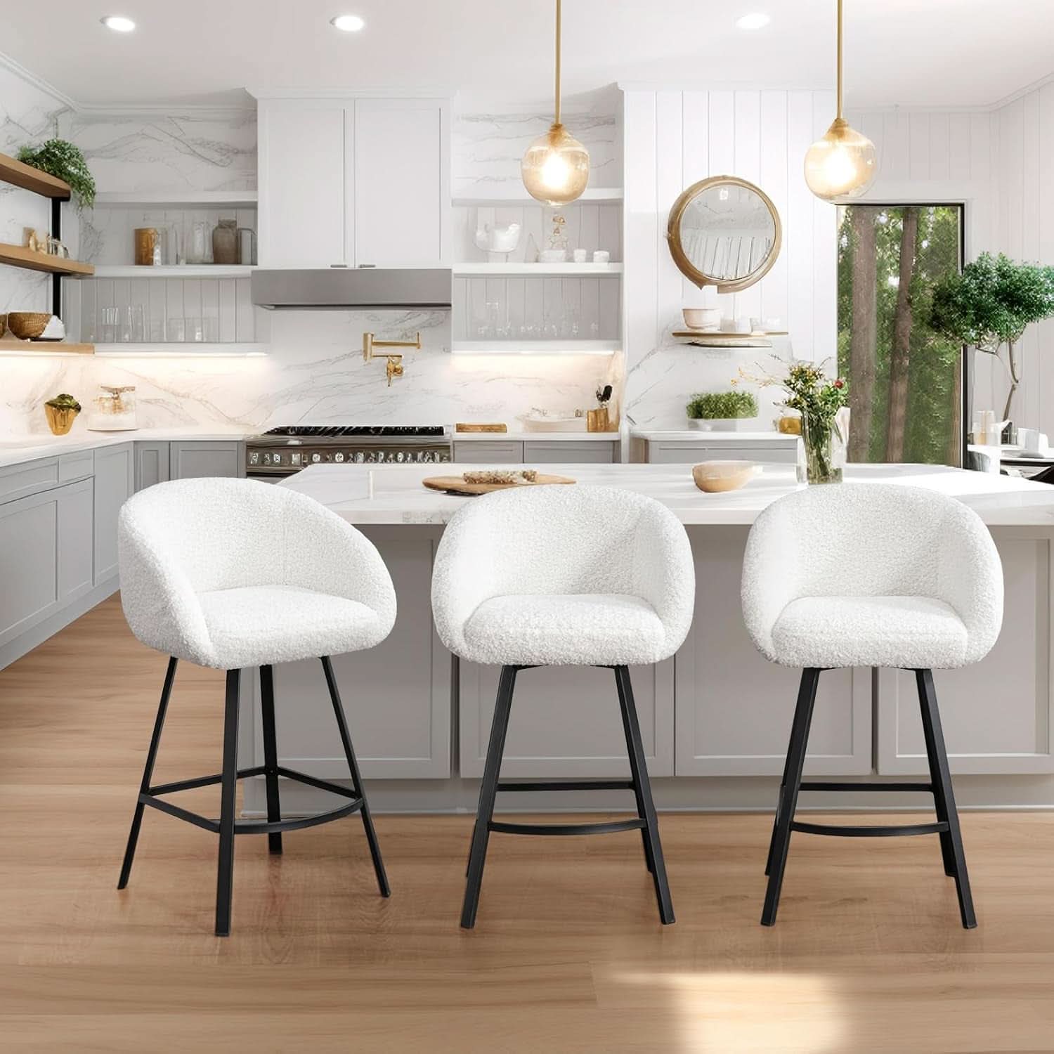 26 Inch Swivel Counter Stool White Sherpa Upholstered Bar Stool For Kitchen Counter