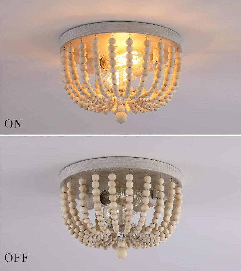 Boho Wood Beaded Flush Mount Chandelier Oak Finish 2 Lights