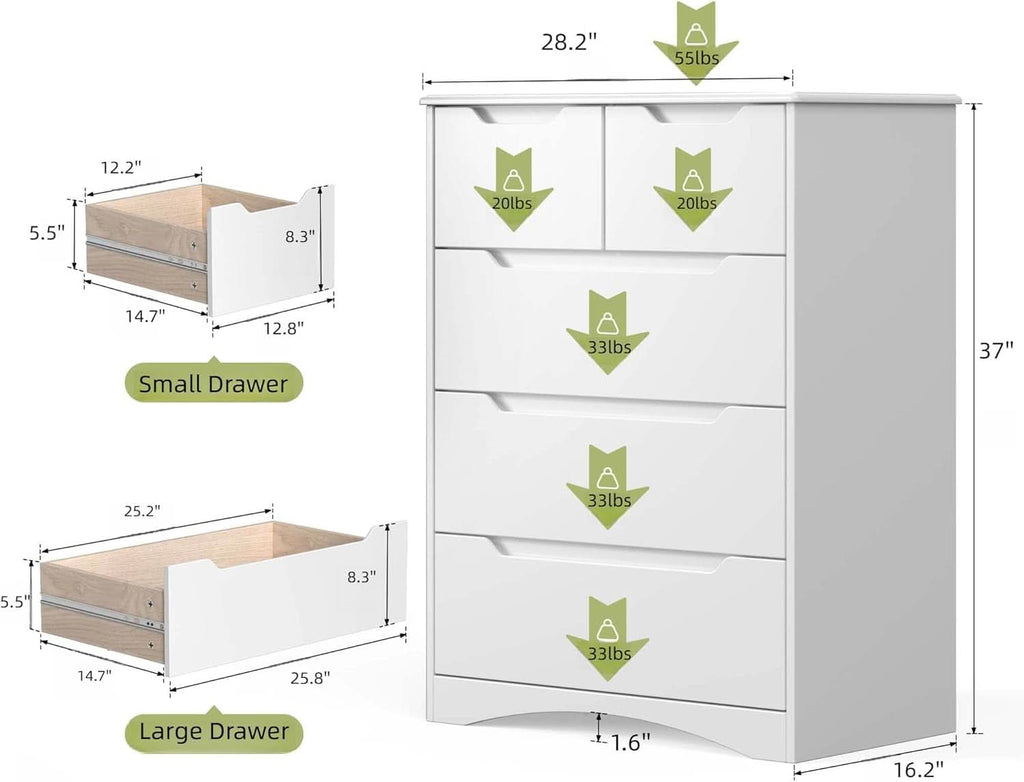 White Five Drawer Dresser With Premium StorageSpace