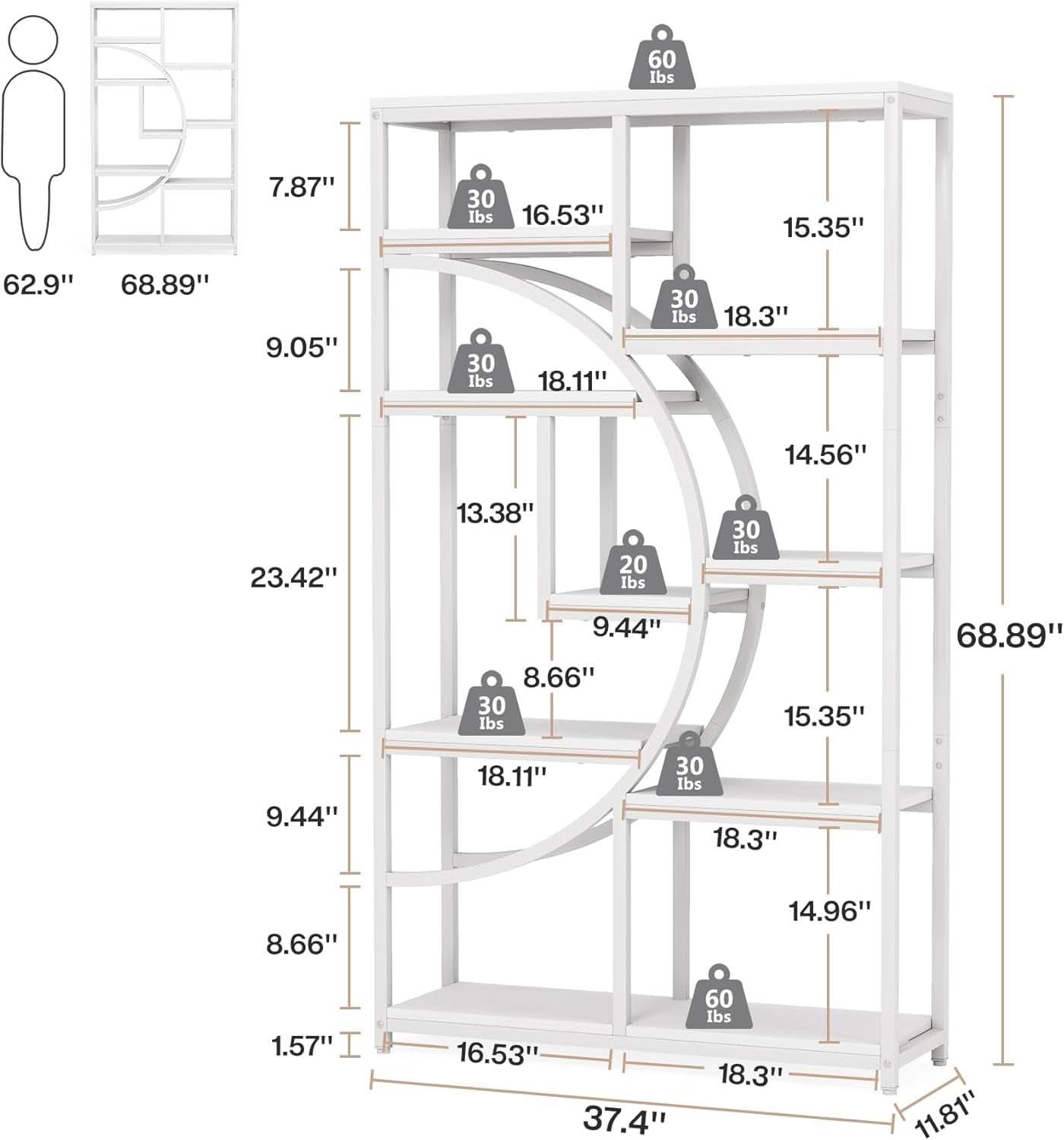 White 5 Tier Etagere Bookshelf Open Shelves Display