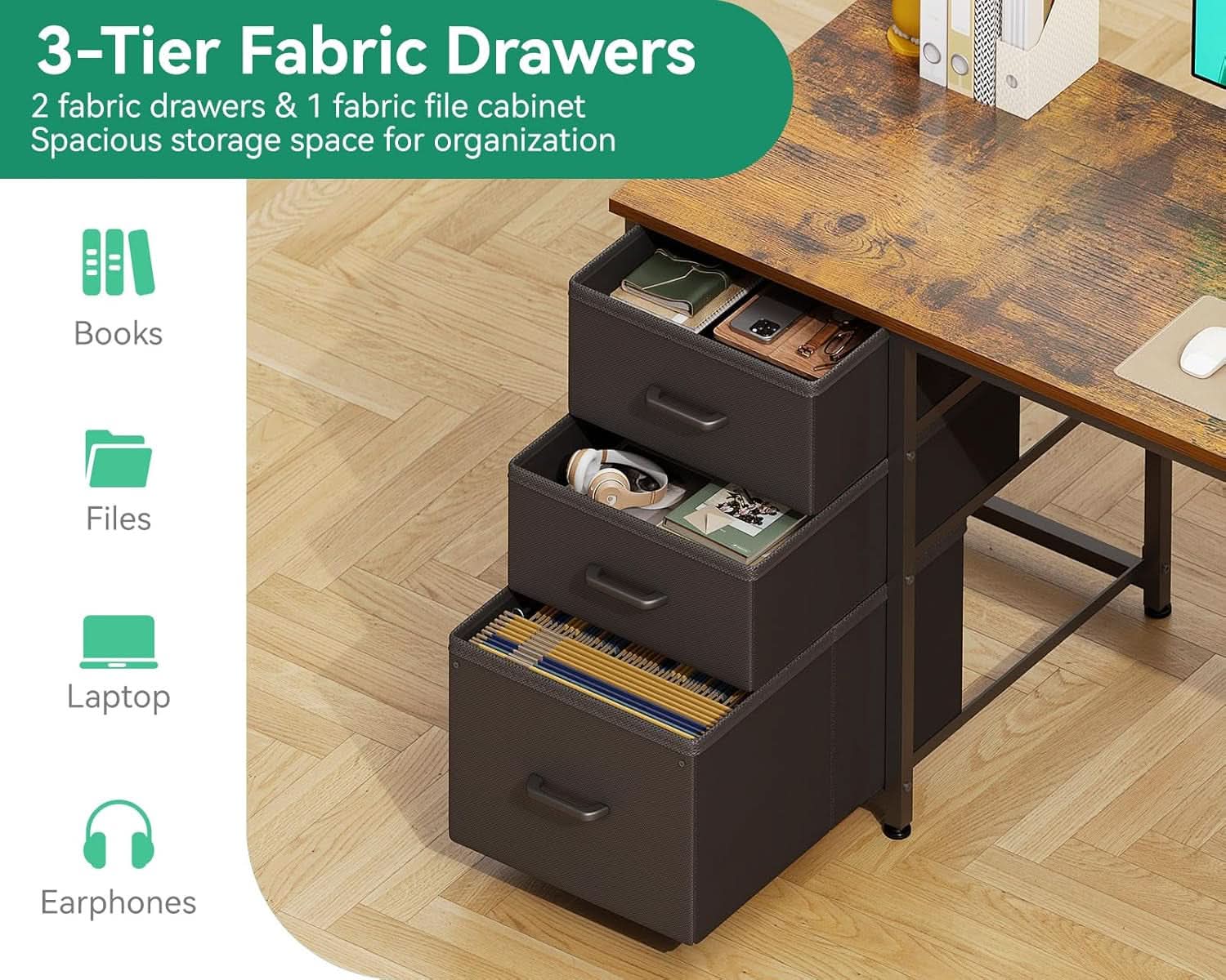51 Inch Computer Desk With USB Outlets And Fabric Drawers