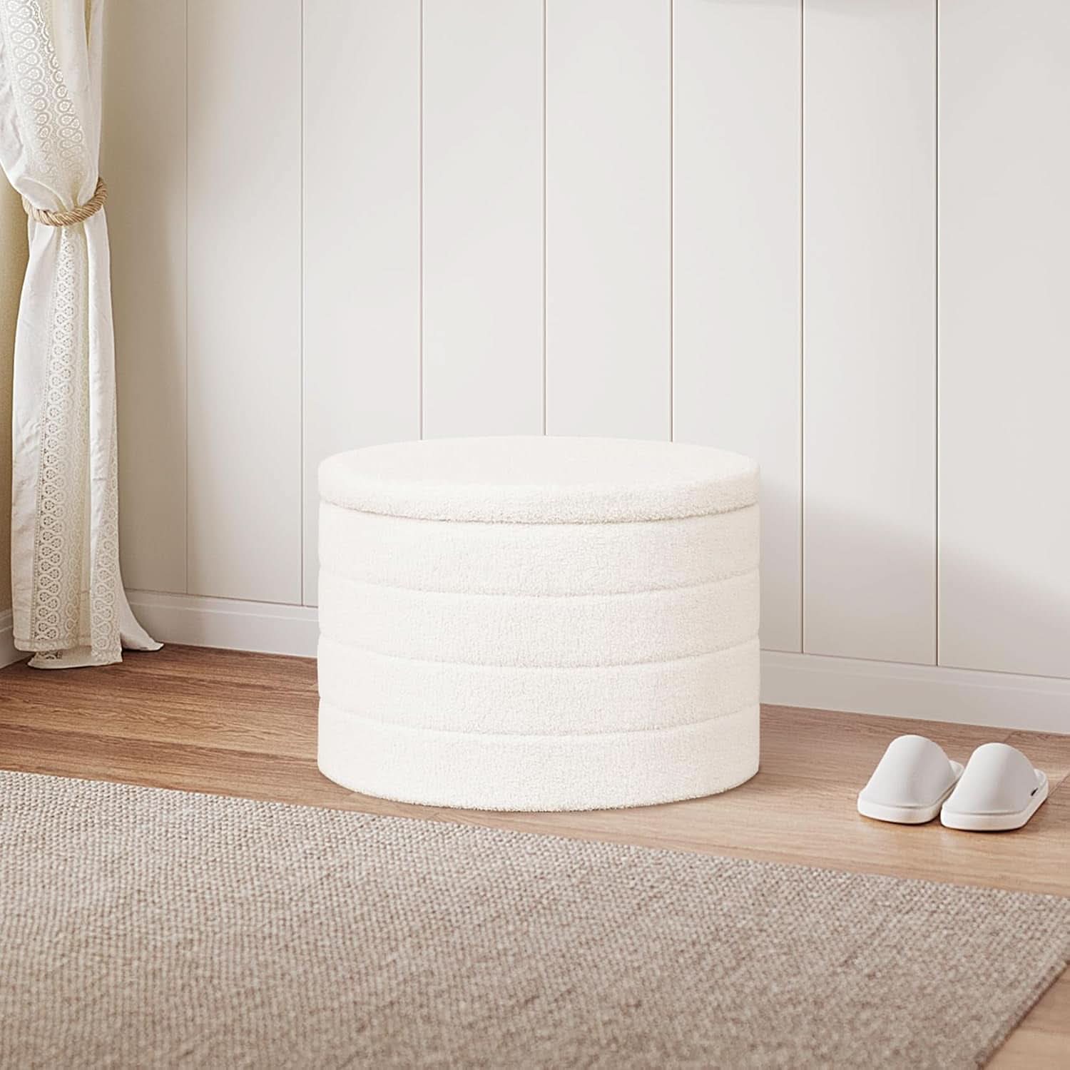 White Round Storage Ottoman Ultra Durable Cozy Elegant