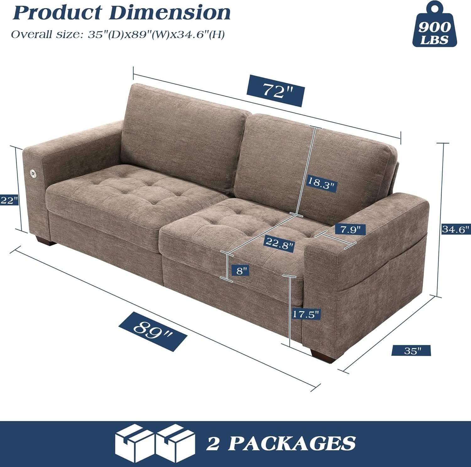 89 Inch Chenille Sofa Set With USB Charging For Living Room