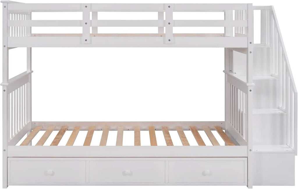 Twin Over Twin Bunk Bed With Stairs Guard Rail And Storage Drawers White