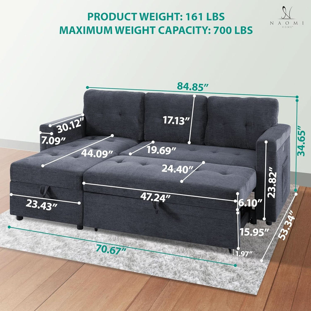 Gray Microfiber L Shape Sleeper Sofa With USB Ports Storage