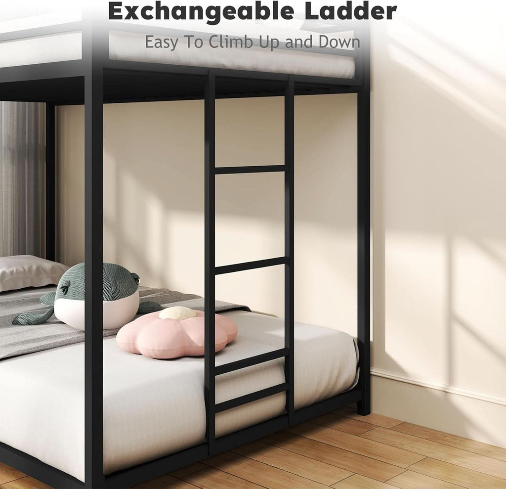 Twin Over Twin Metal Low Profile Bunk Bed With Guardrails And Ladder Black