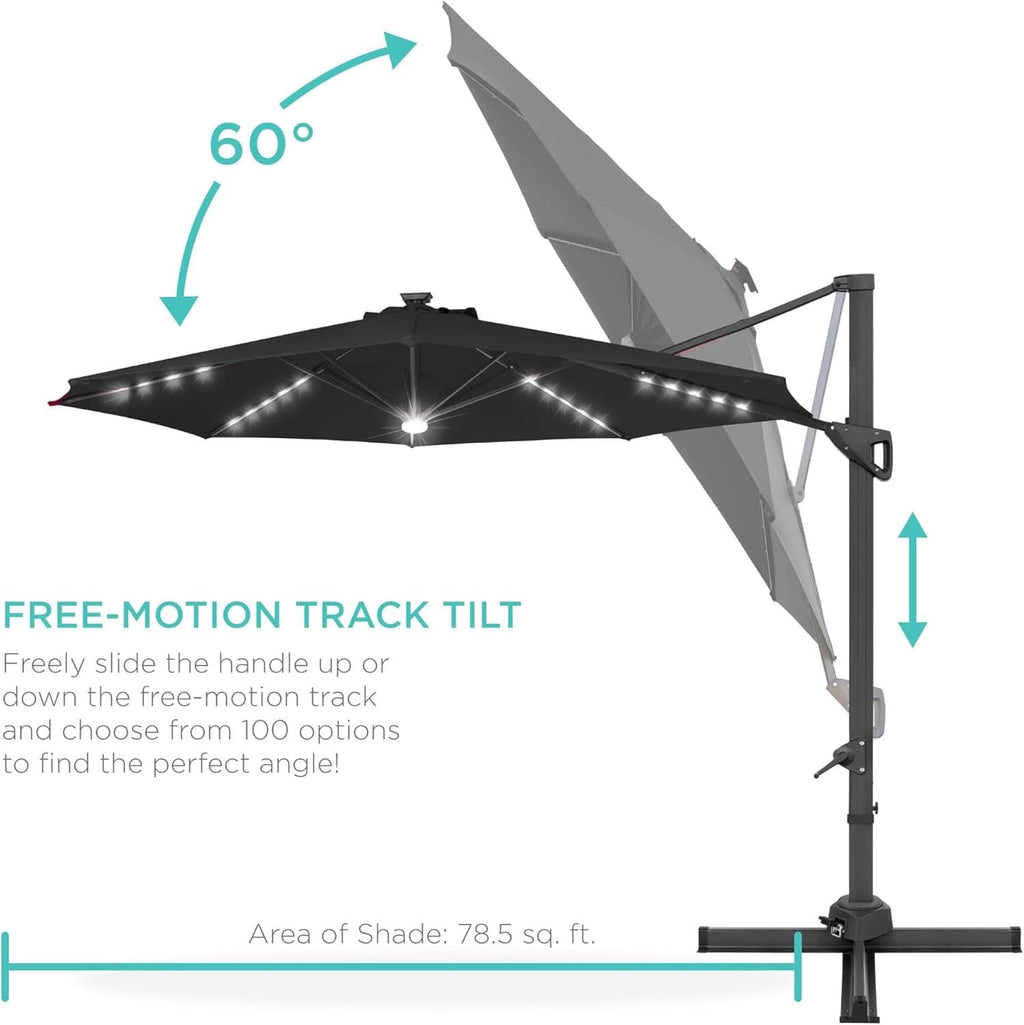 10 Ft Solar LED Cantilever Patio Umbrella With 360 Degree Rotation And Easy Tilt Offset Hanging Design Cross Base