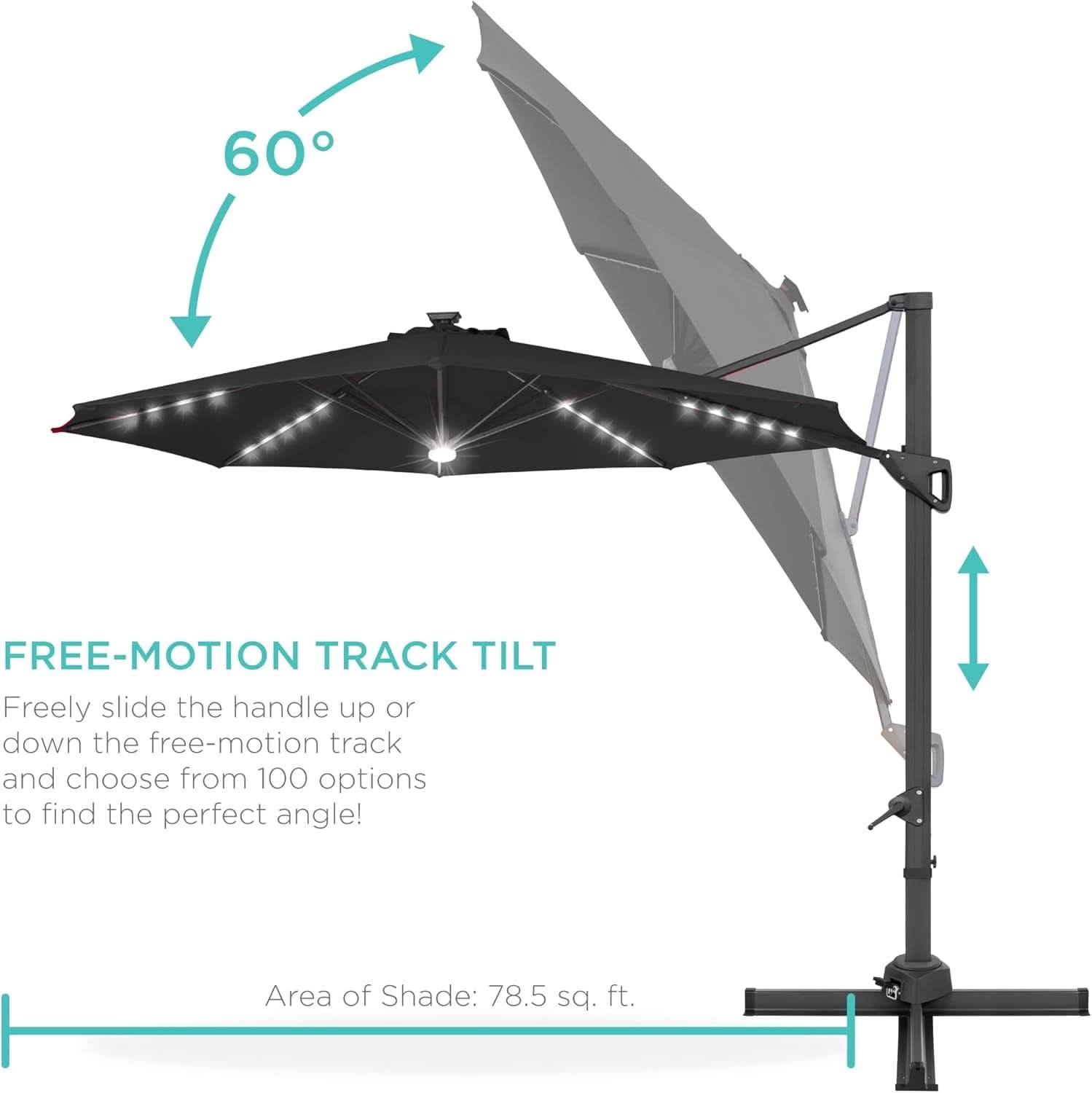 10 Ft Solar LED Cantilever Patio Umbrella With 360 Degree Rotation And Easy Tilt Offset Hanging Design Cross Base