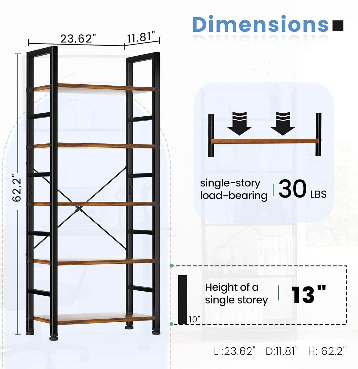 Rustic Brown Five Tier Bookshelf Narrow Space Saver