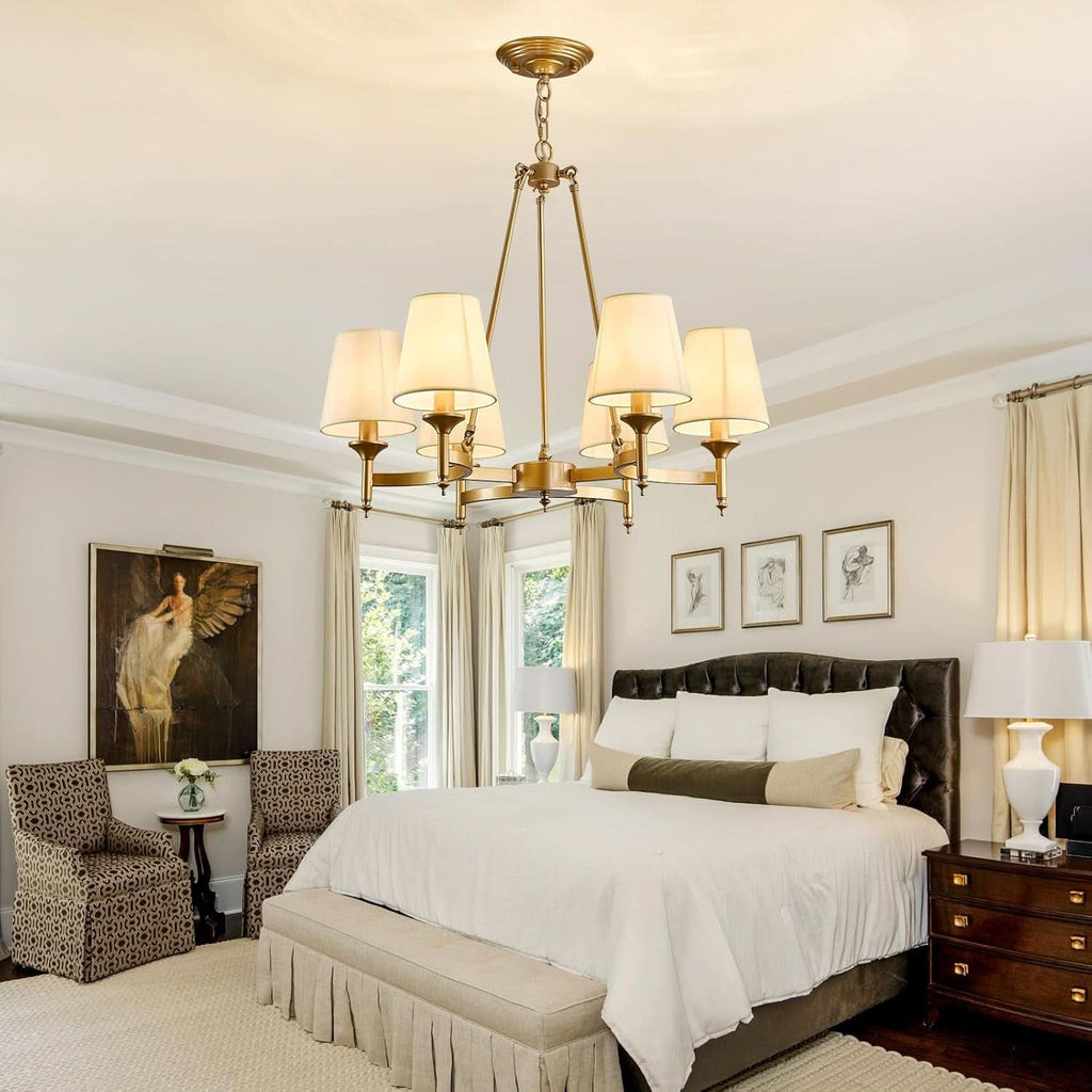 Gold Wagon Wheel Chandelier With White Linen Shade 6 Light