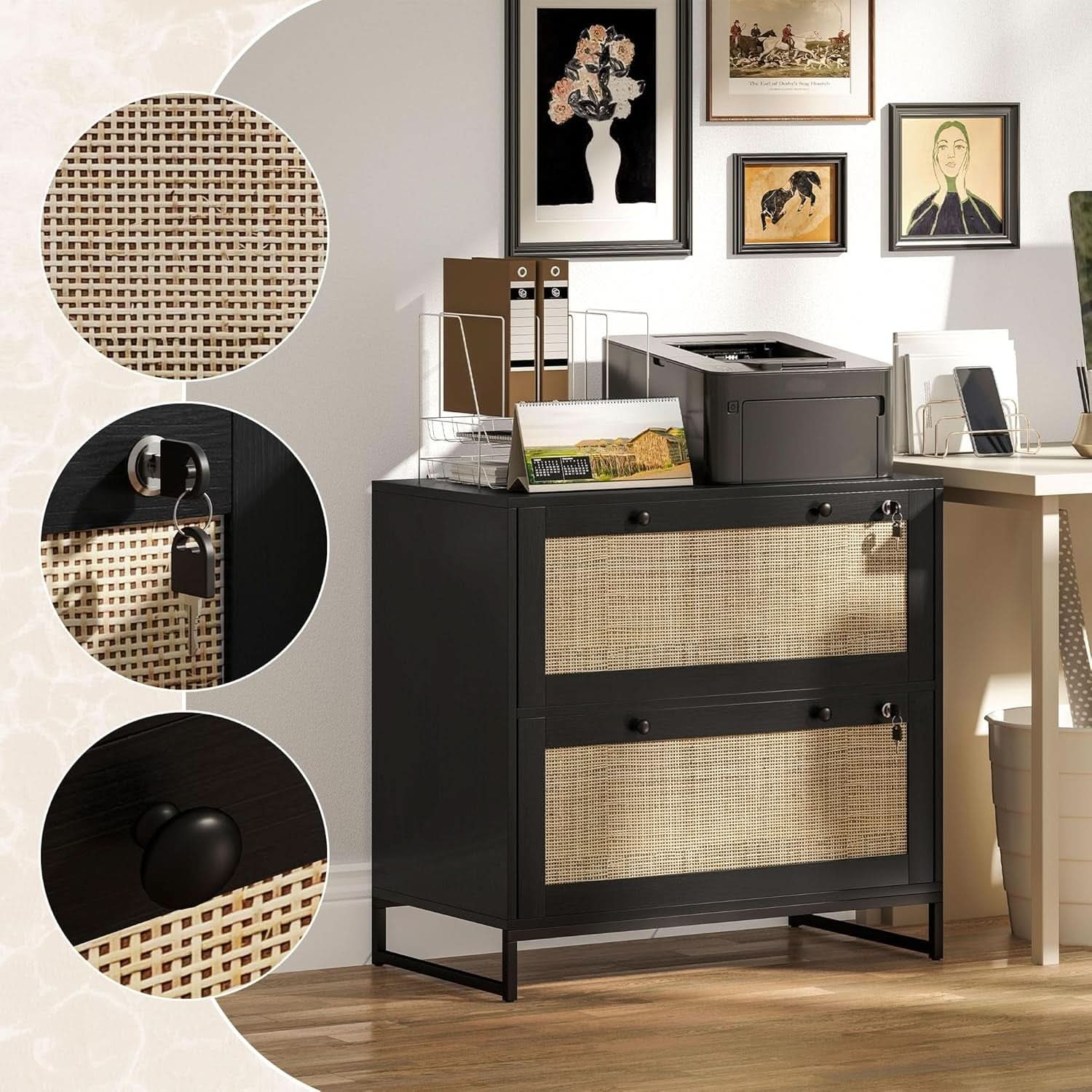 Rattan Drawer File Cabinet With Lock For Letter A4 Legal Files Printer Stand Black