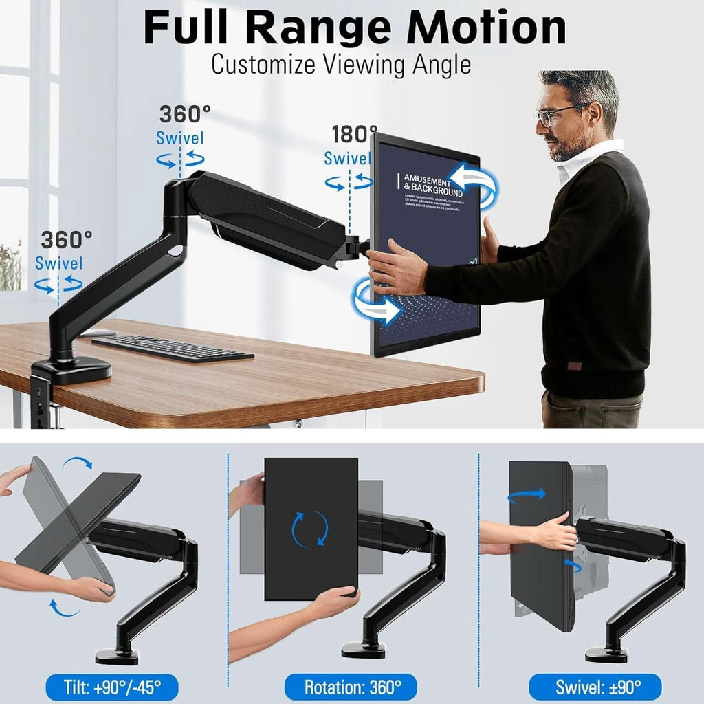 32 Inch Gas Spring Monitor Arm With Clamp VESA Black