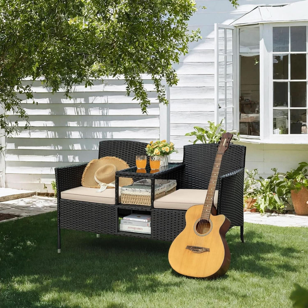 Patio Loveseat Outdoor Wicker Conversation Set With Built In Coffee Table Beige