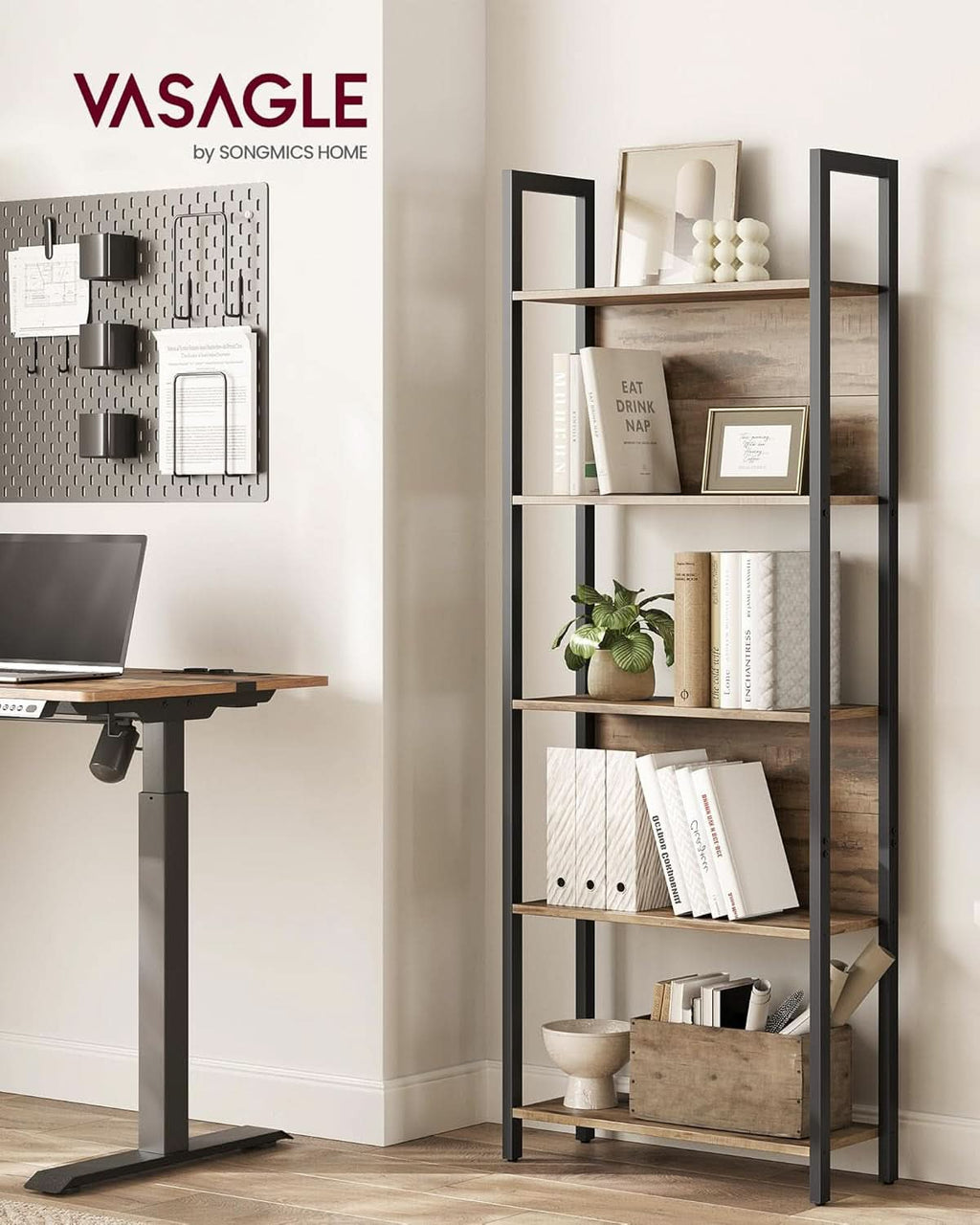 Five Tier Bookshelf With Steel Frame Camel Brown And Black