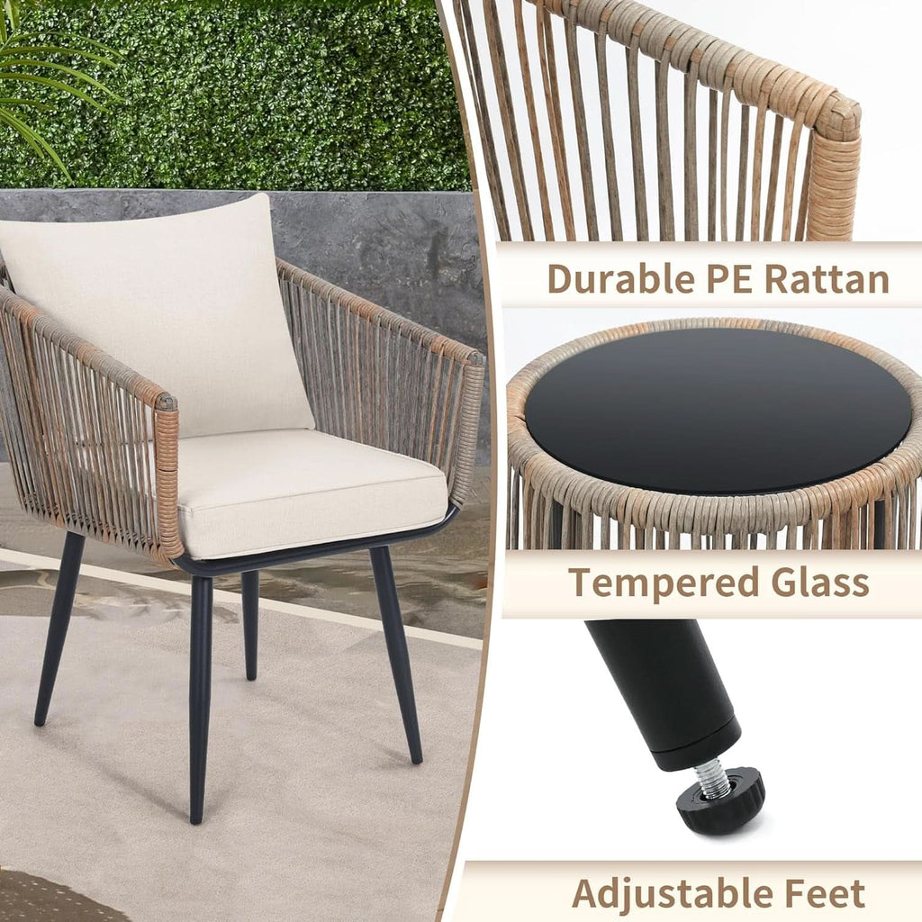 Beige 3 Piece Patio Rattan Bistro Conversation Set Outdoor Wicker Chairs And Side Table