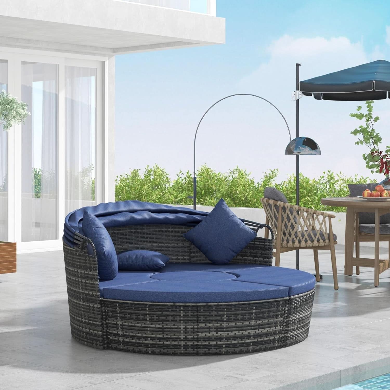Round Convertible Daybed With Sun Canopy Outdoor Dark Blue
