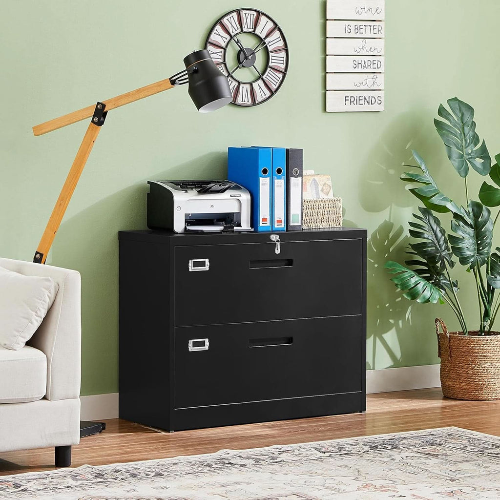 Metal Lateral File Cabinet With Lock 2 Drawer Black Steel