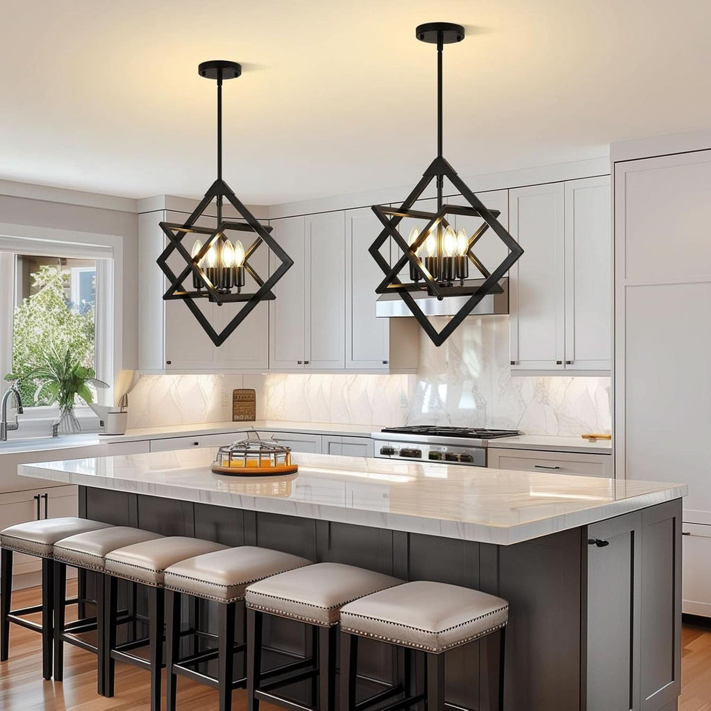 18 Inch Black Geometric Industrial Farmhouse Chandelier With 4 Lights Adjustable Height
