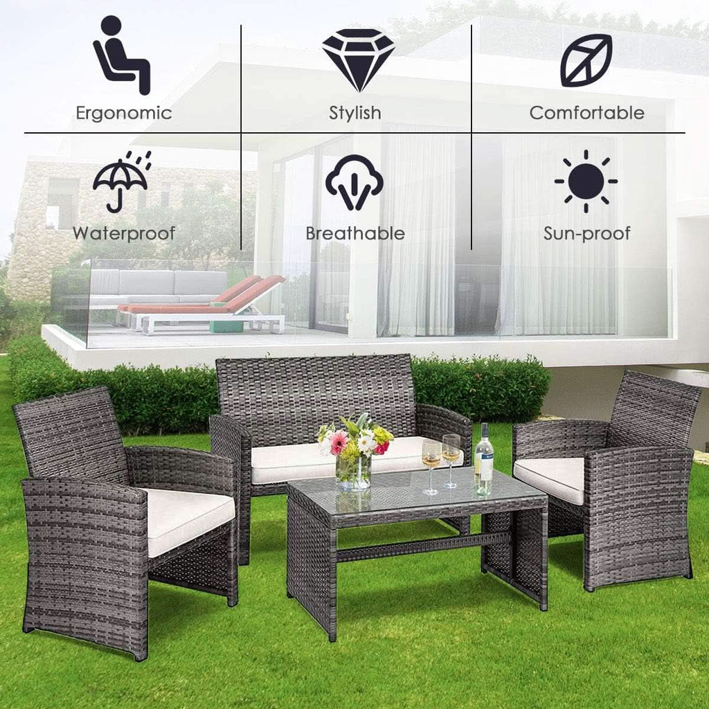 4 Piece Wicker Patio Conversation Set With Soft Cushions