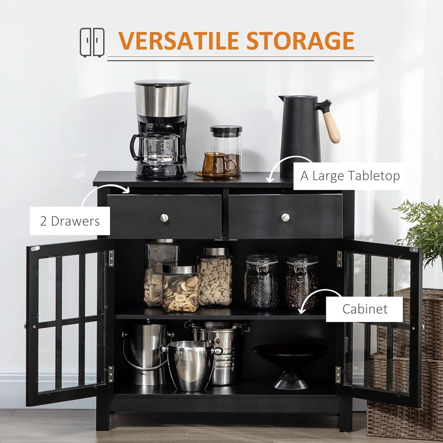Black Glass Doors Sideboard Buffet Cabinet With Drawers