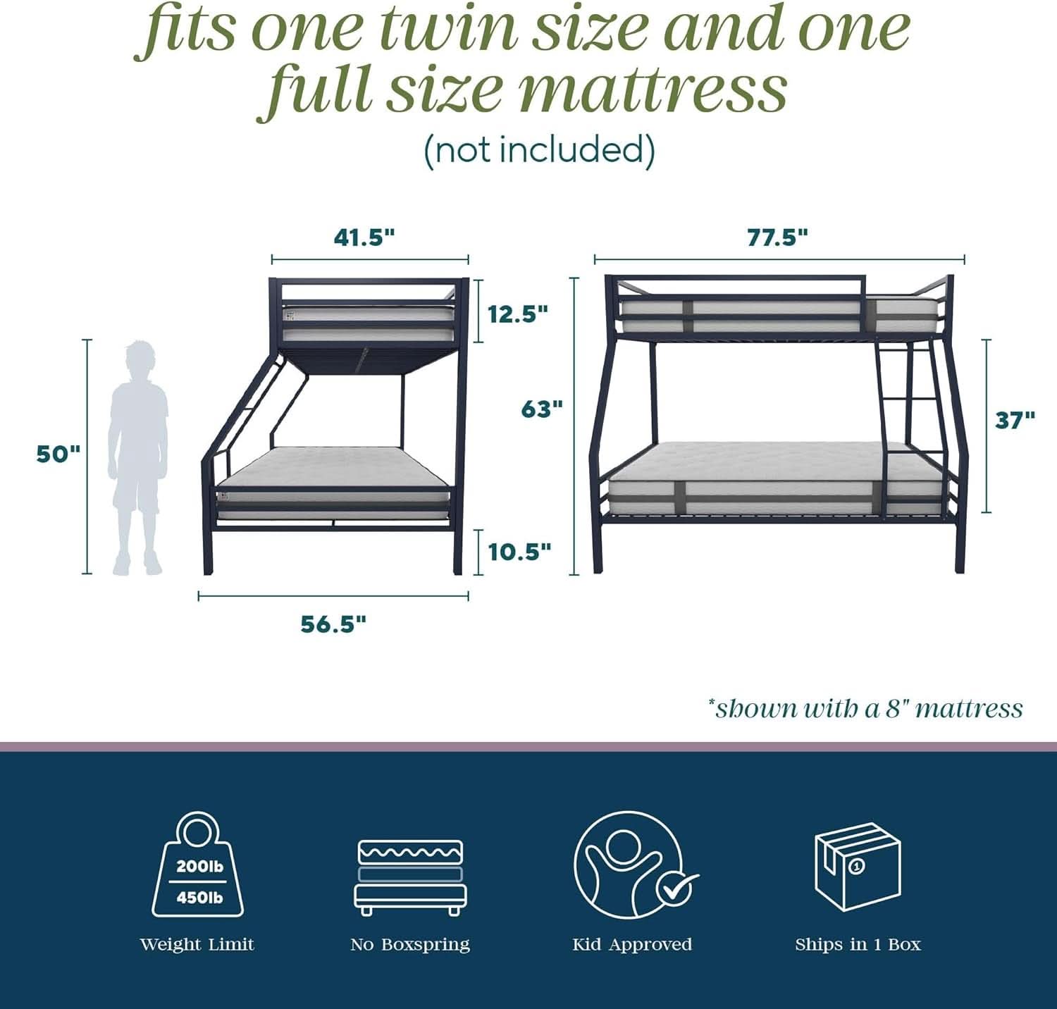 Maxwell Twin-Over-Full Metal Bunk Bed Navy Blue With Ladder