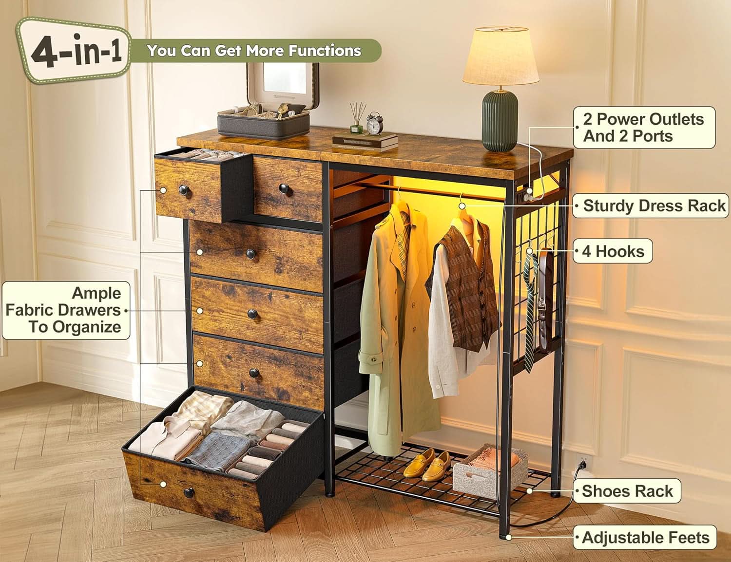 Brown Walnut Storage Dresser With RGB Lighting 49 Inch Wide