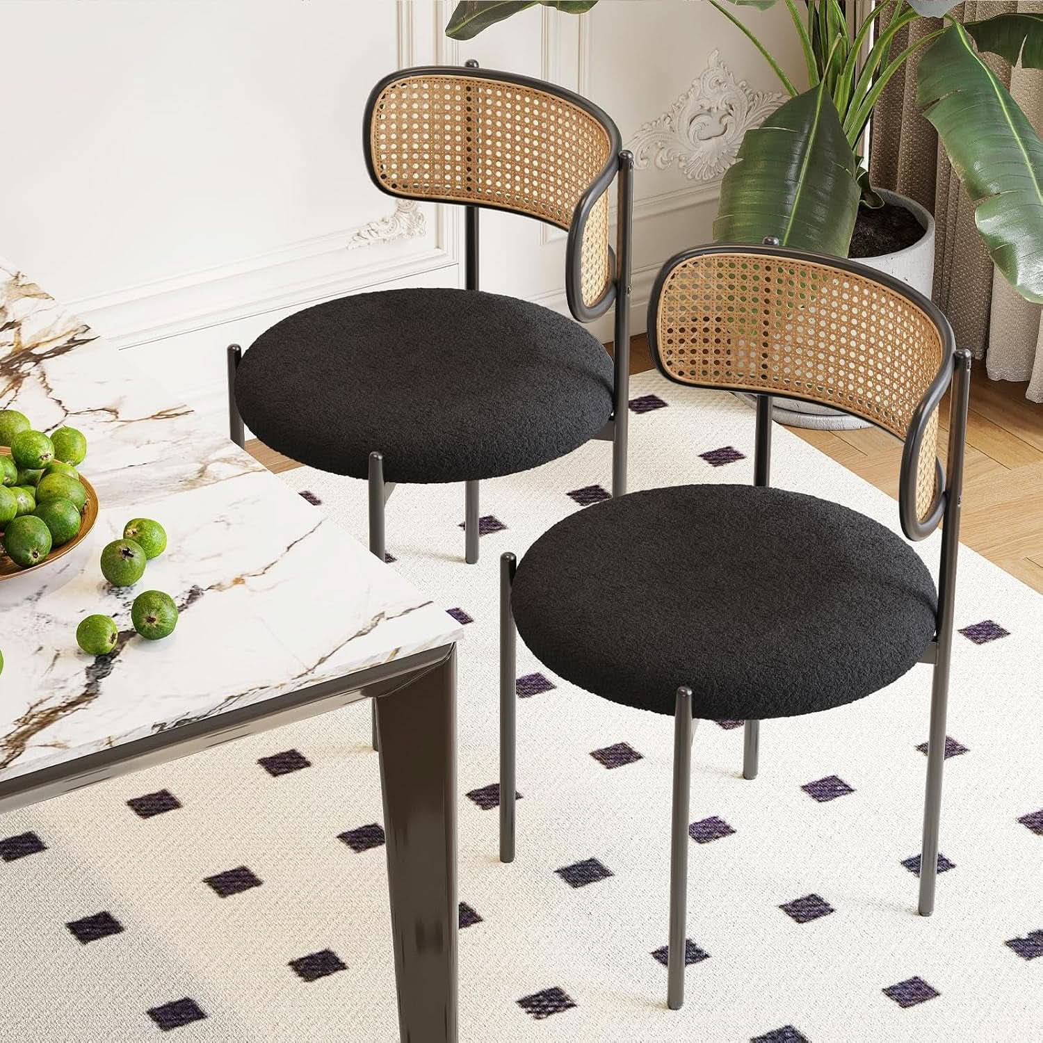 Set Of 4 Dining Chairs Mid Century Modern Rattan Back Upholstered Sherpa Black
