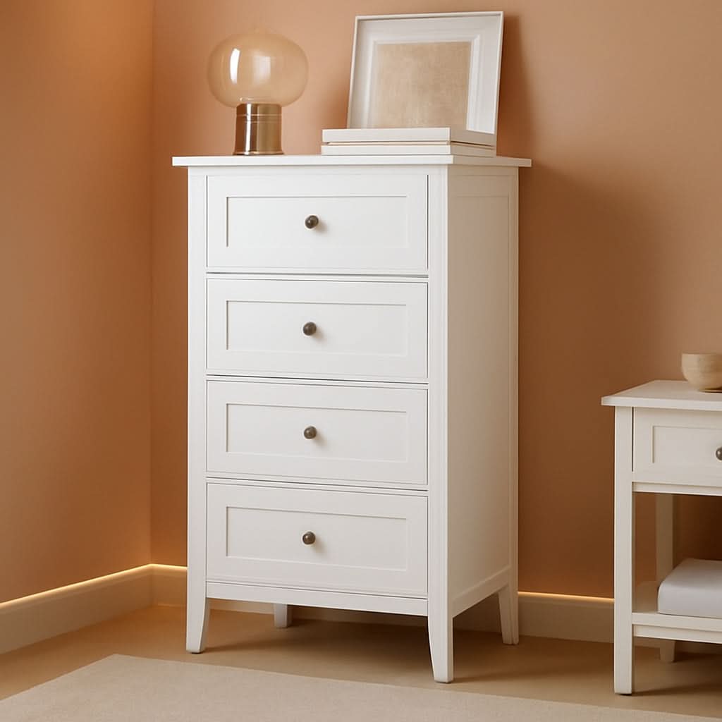 White Antique Four Drawer Dresser With Hardwood Storage