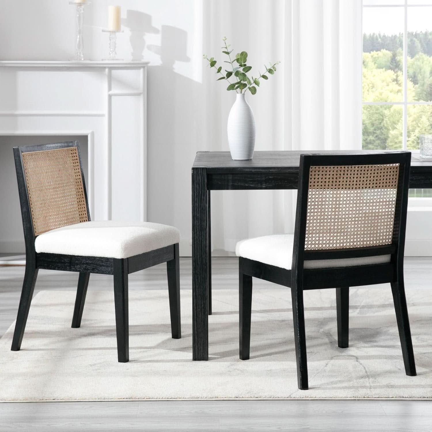 Black Rattan Dining Chairs Four Pack Sherpa Upholstered