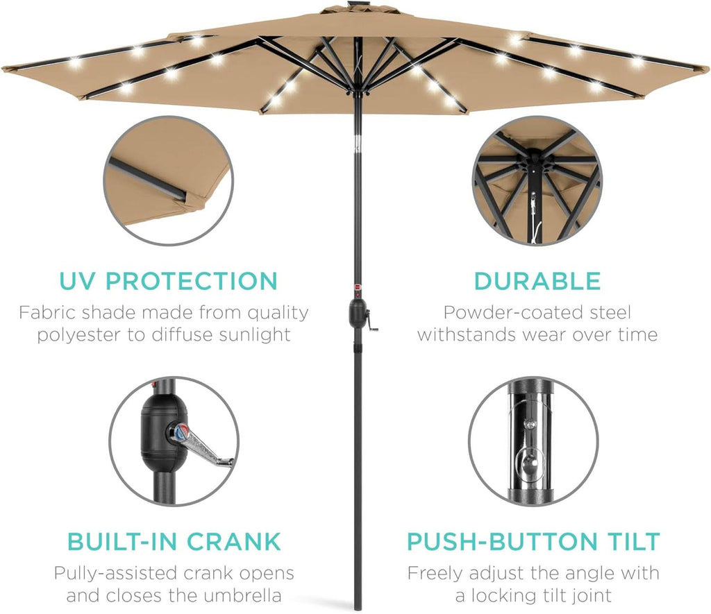 10 Ft Solar LED Patio Umbrella With Tilt Adjustment And UV Resistant Fabric All Weather Use
