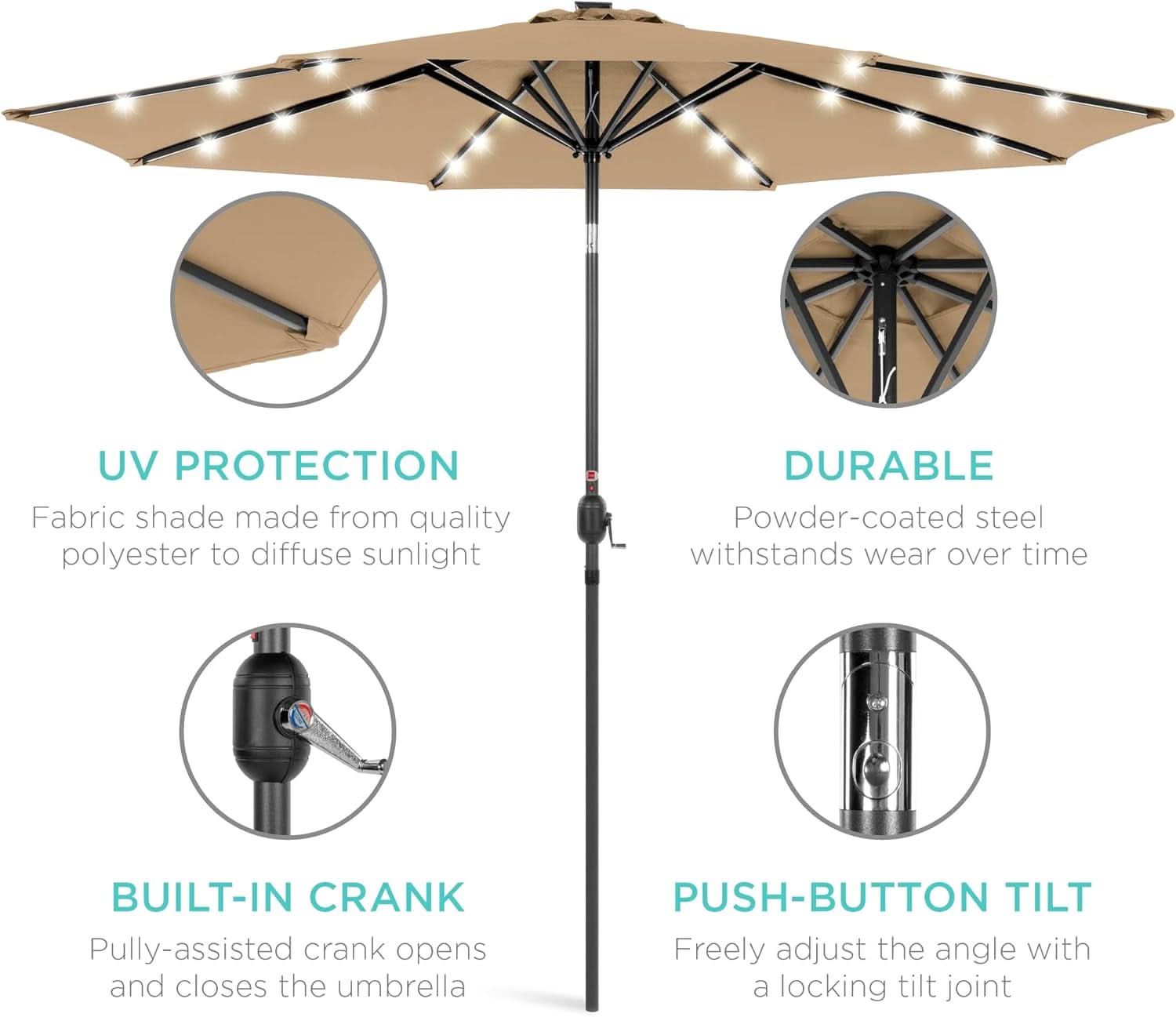 10 Ft Solar LED Patio Umbrella With Tilt Adjustment And UV Resistant Fabric All Weather Use