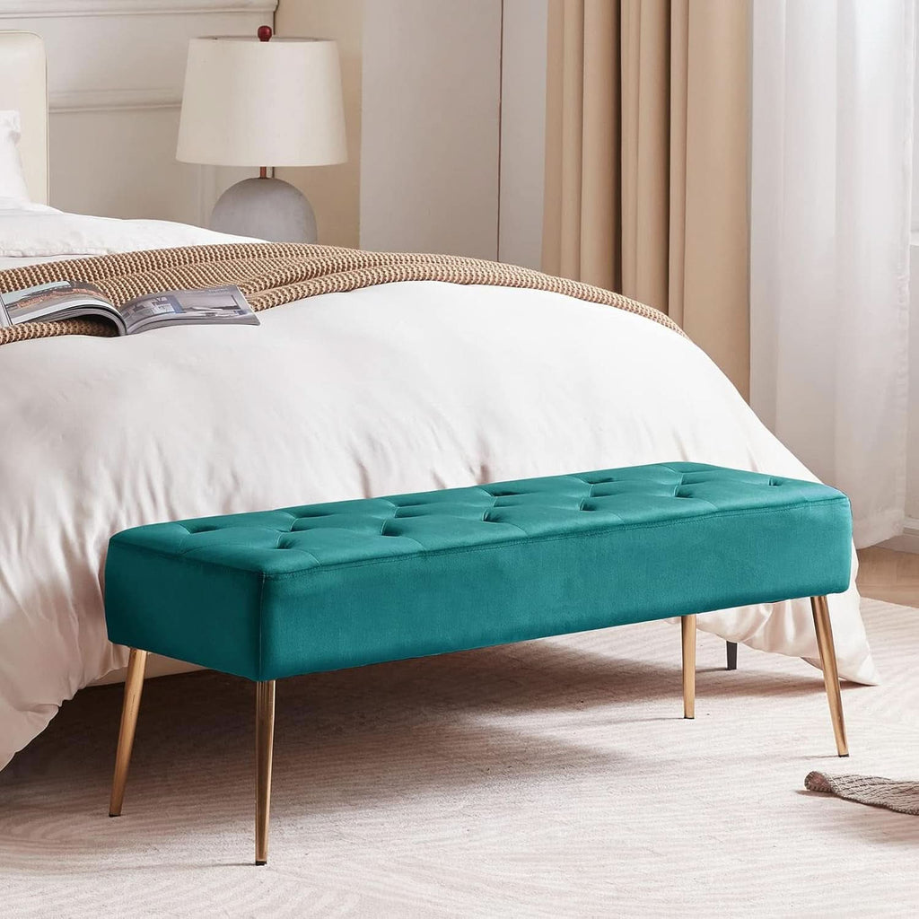 Velvet Upholstered Button Tufted Ottoman Gold Base