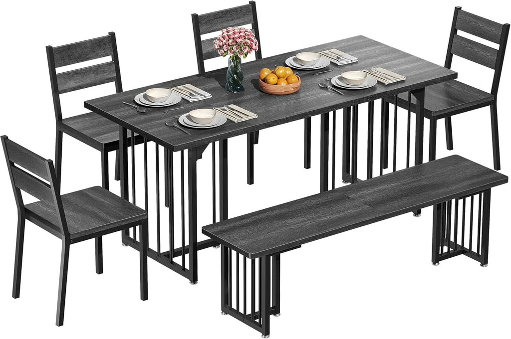 63 Inch Dark Grey Rectangular Dining Table Set Farmhouse