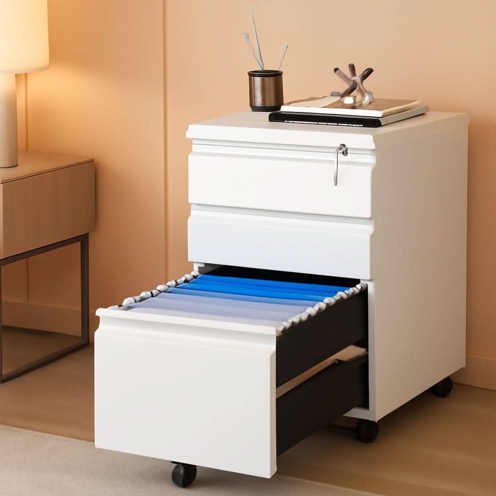 White 3 Drawer Filing Cabinet On Wheels With Lock For Home Office
