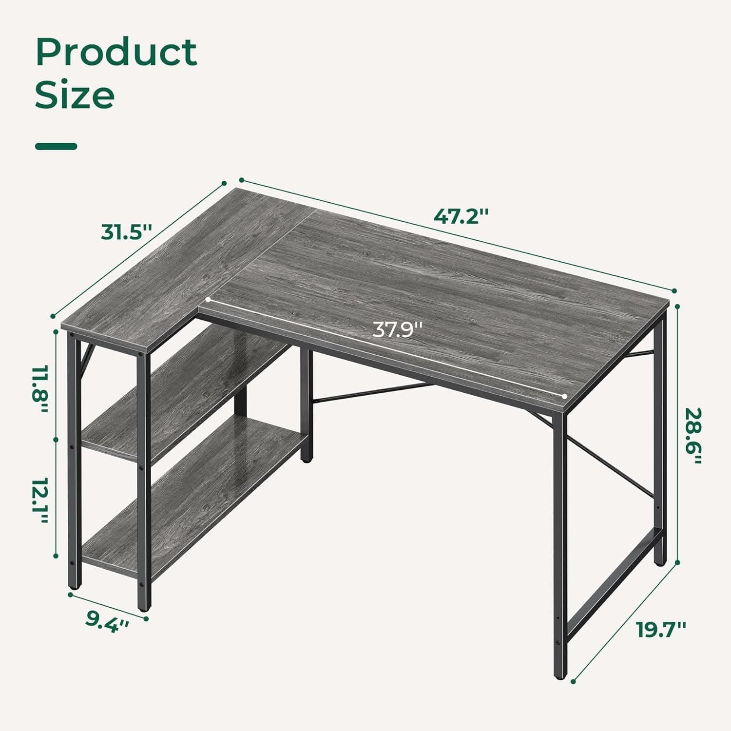 L Shaped Desk 47 Inch Gray With Reversible Shelves Metal Frame