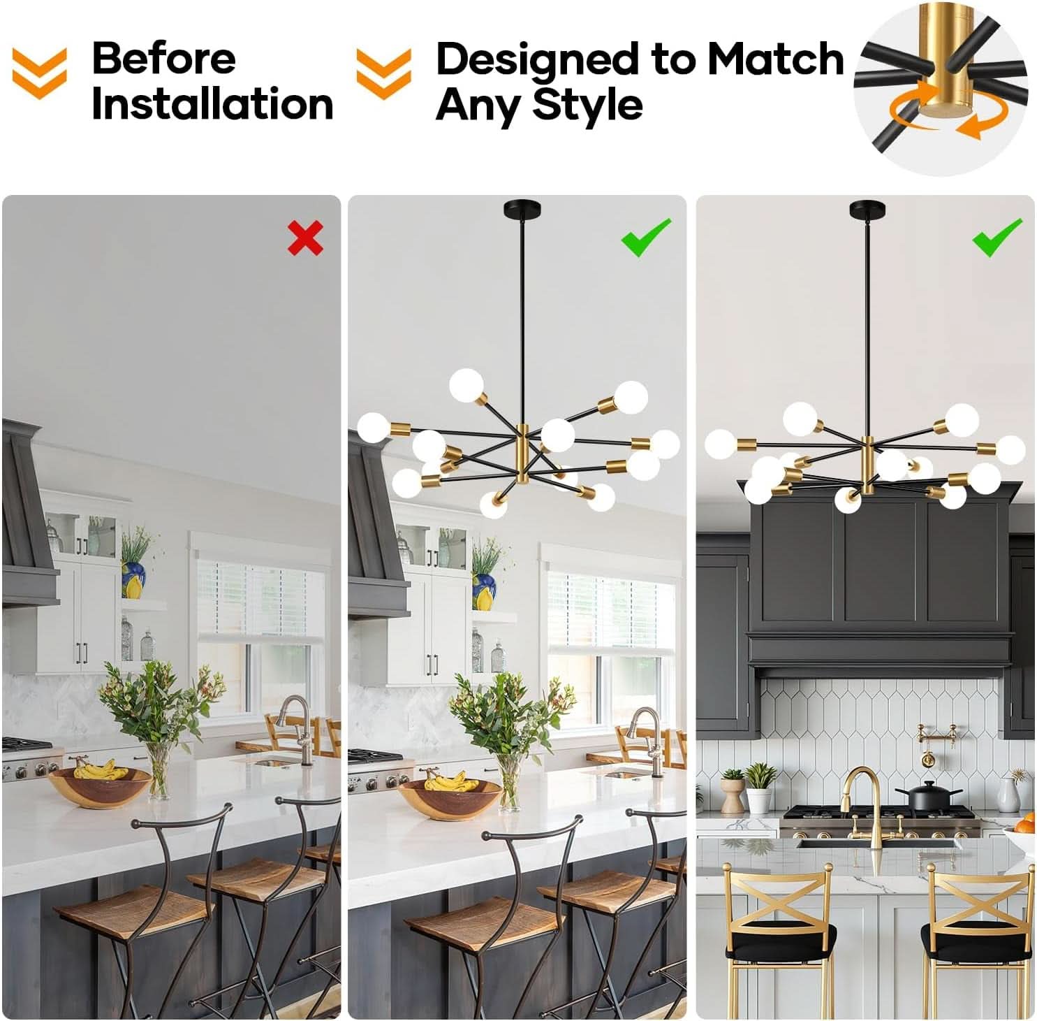 33 Inch Modern Black Gold Chandelier 12 Light Adjustable