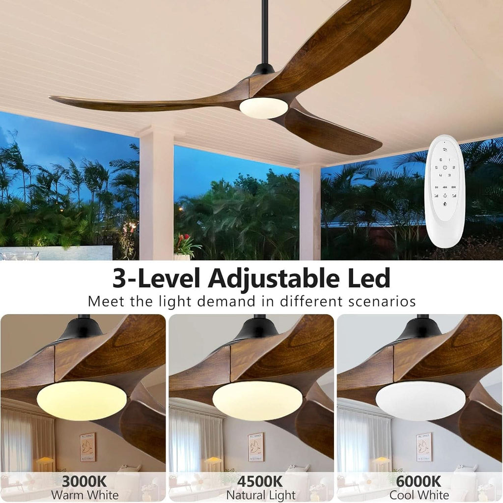 60 Inch Walnut Solid Wood Ceiling Fan Outdoor Weatherproof