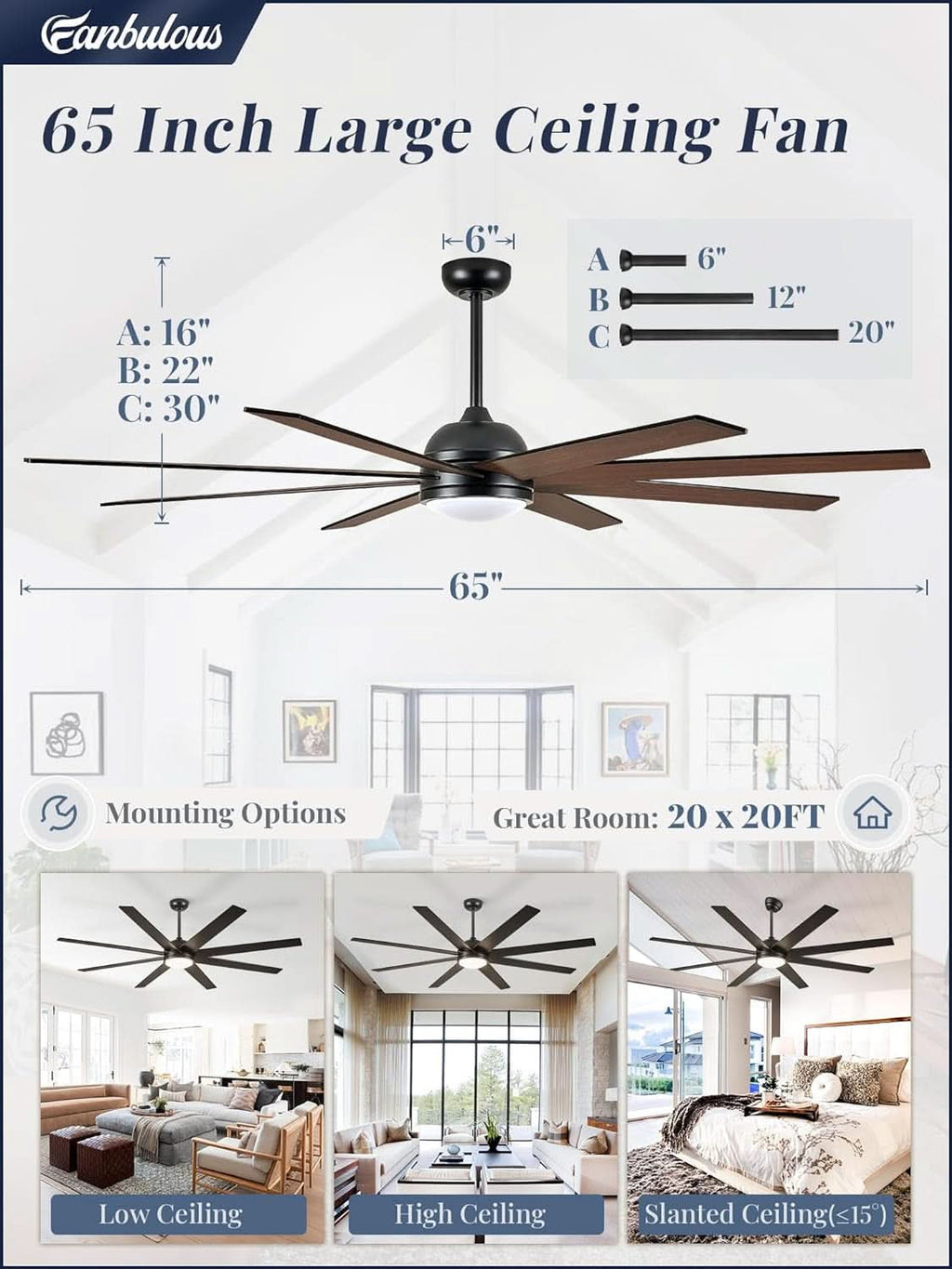 65 Inch Ceiling Fan With Lights Remote Black Indoor Outdoor