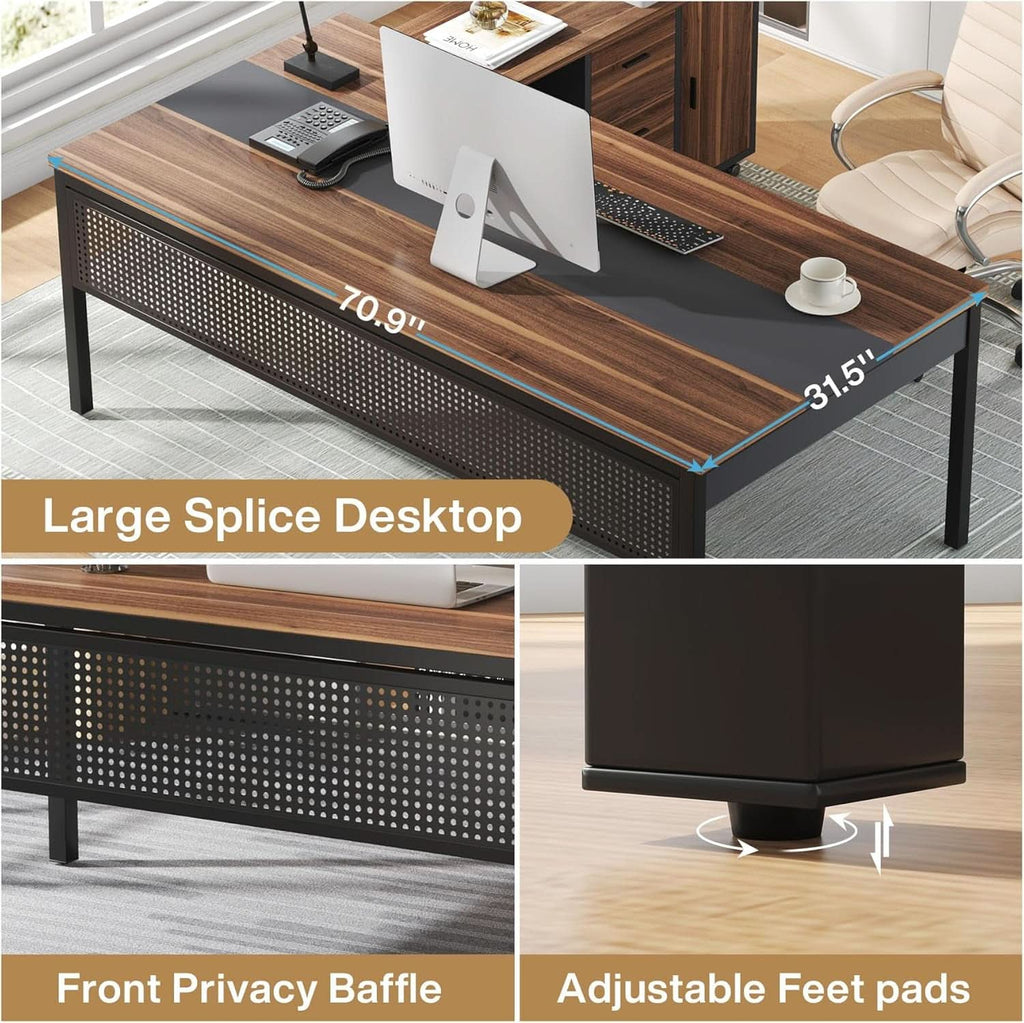 71 Inch Walnut Executive L Shaped Desk With File Cabinet